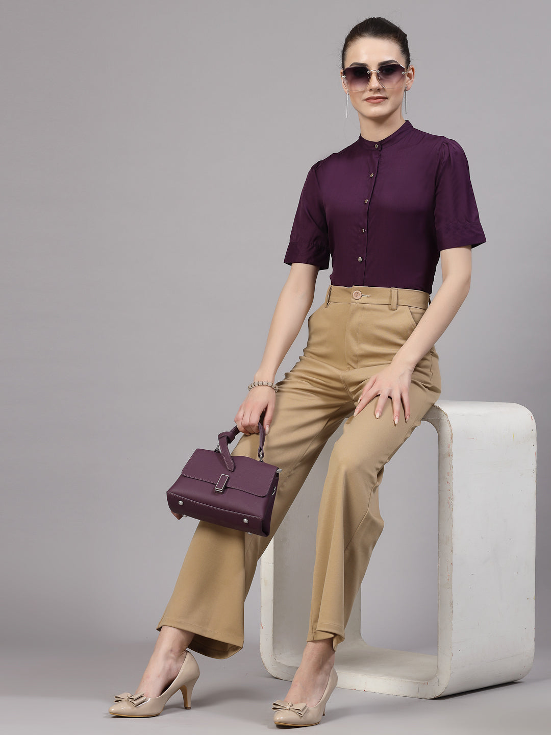 Style Quotient Women Solid Purple Polyester Formal Shirt