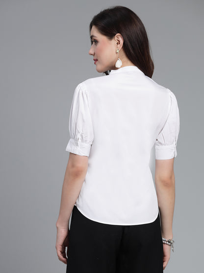 Style Quotient Woman formal White shirt with puff sleeve and band collar.