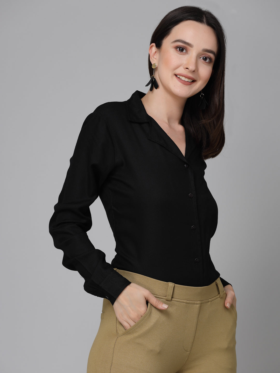 Style Quotient Women Solid Black Rayon Formal Shirt