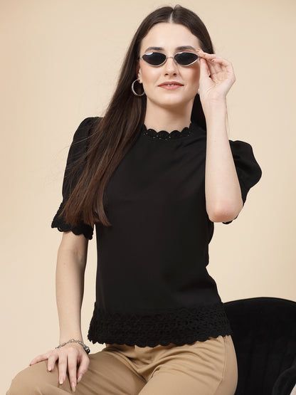 Style Quotient Women Solid Black Polycrepe Smart Formal Top