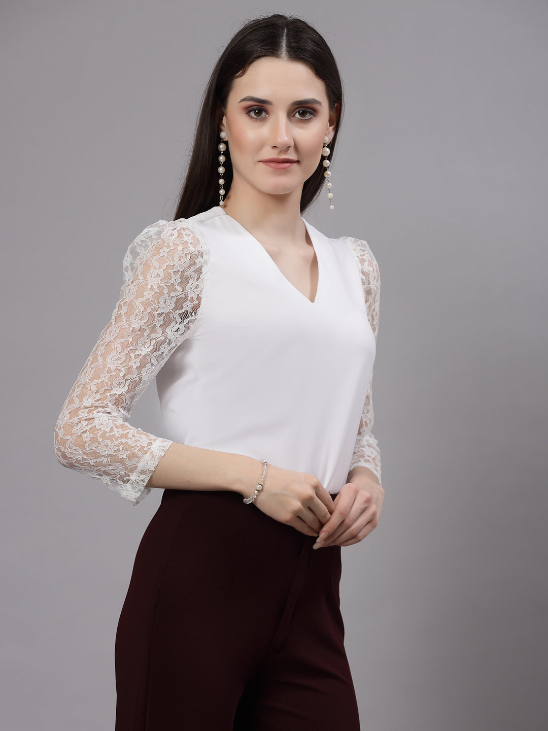 Style Quotient Women Solid White Polymoss Smart Casual Top