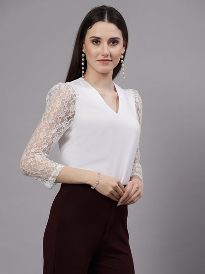 Style Quotient Women Solid White Polymoss Smart Casual Top