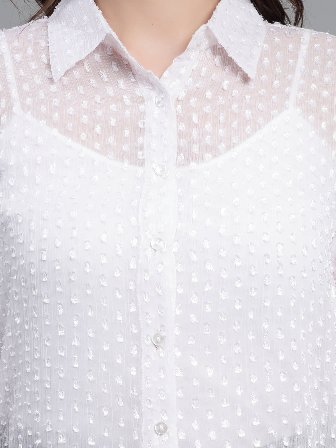 Style Quotient Women White Self Design Swiss Dot Polyester Smart Formal Shirt