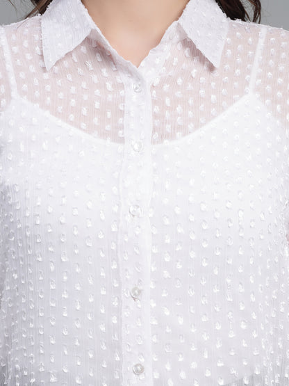 Style Quotient Women White Self Design Swiss Dot Polyester Smart Formal Shirt