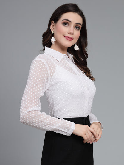 Style Quotient Women White Self Design Swiss Dot Polyester Formal Shirt