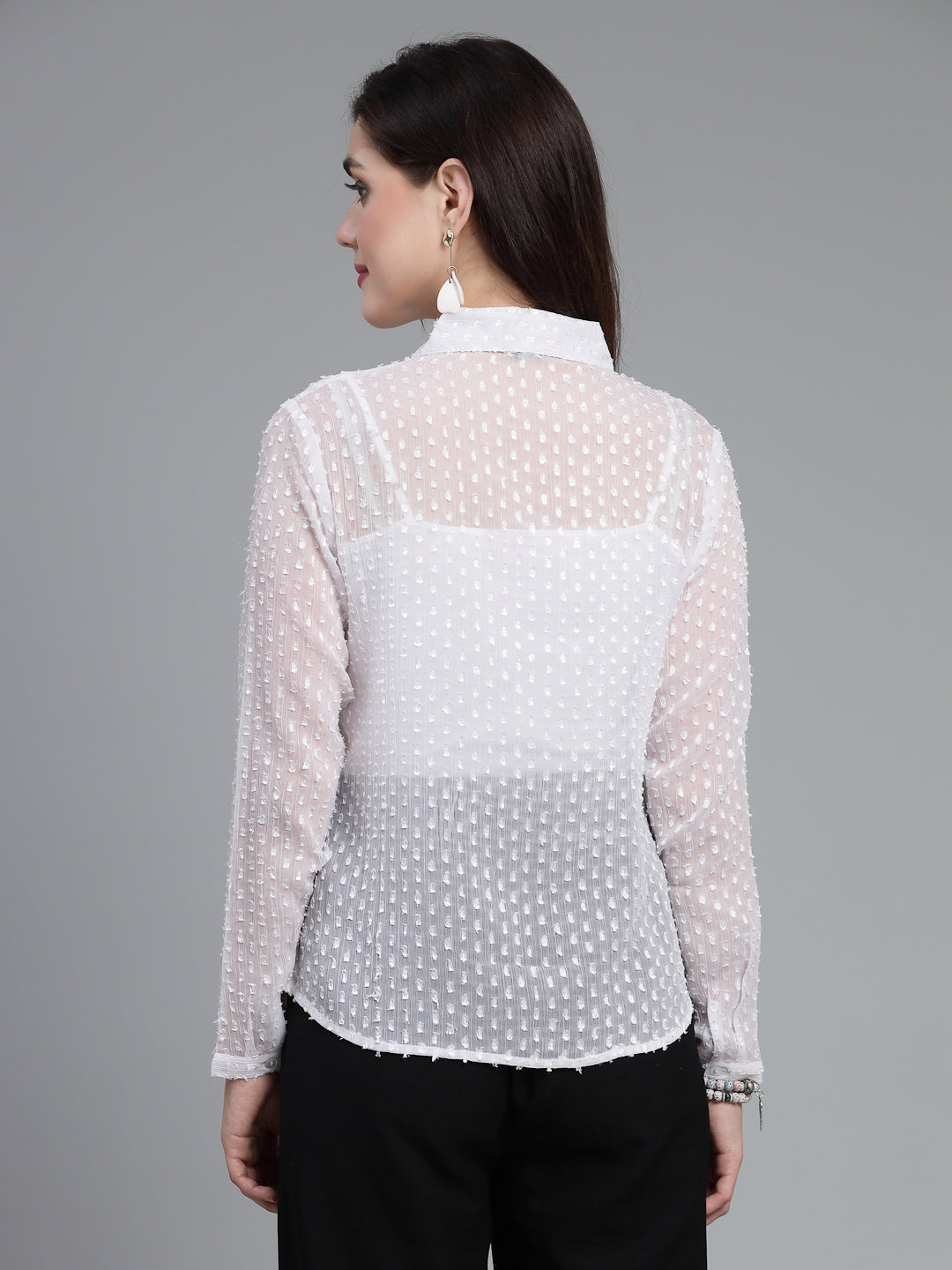 Style Quotient Women White Self Design Swiss Dot Polyester Smart Formal Shirt