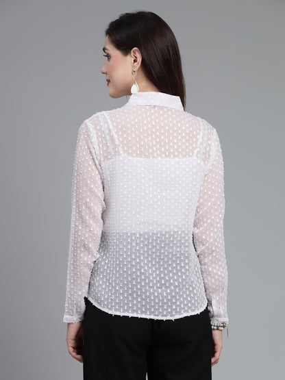 Style Quotient Women White Self Design Swiss Dot Polyester Formal Shirt