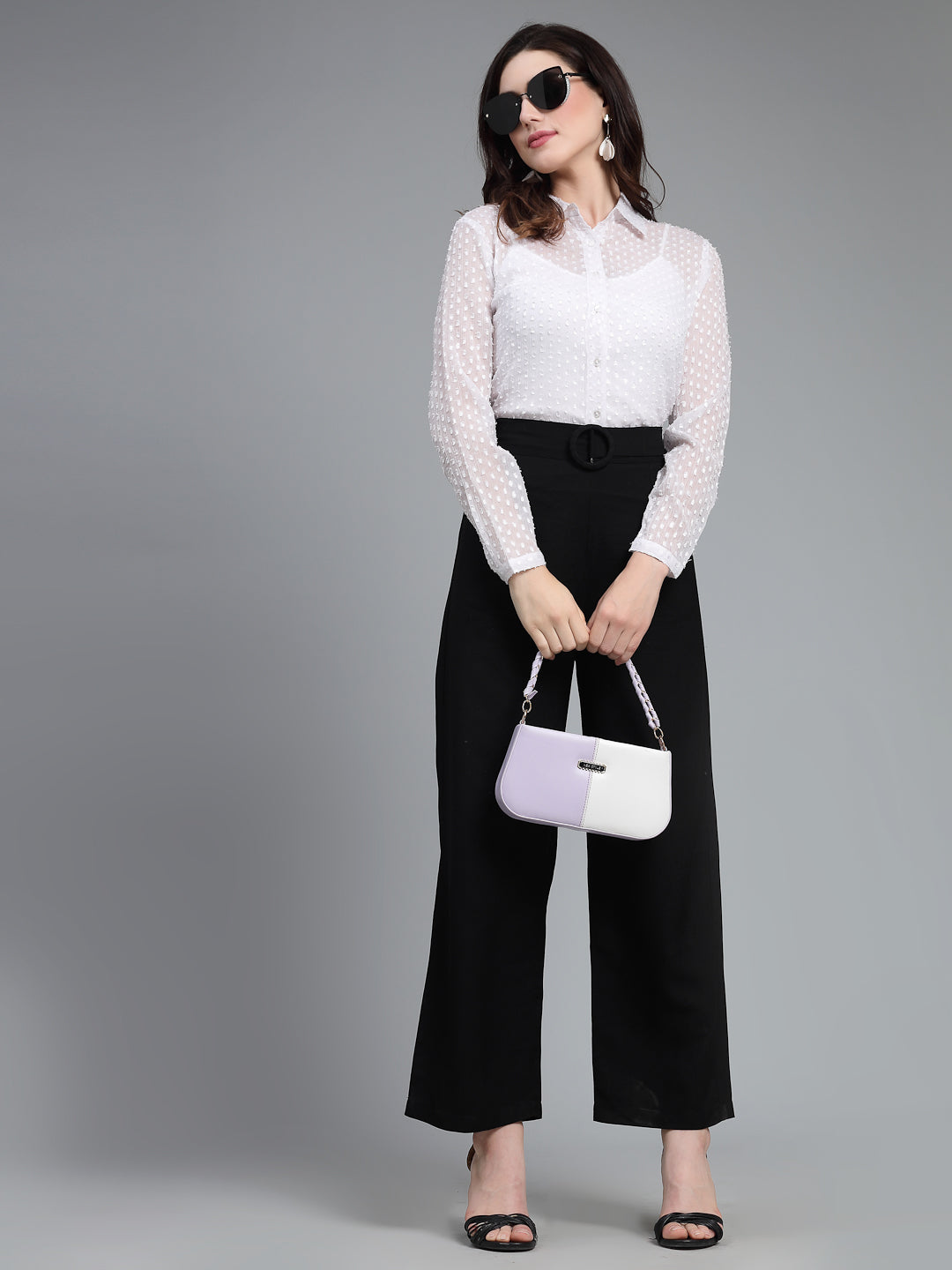 Style Quotient Women White Self Design Swiss Dot Polyester Smart Formal Shirt