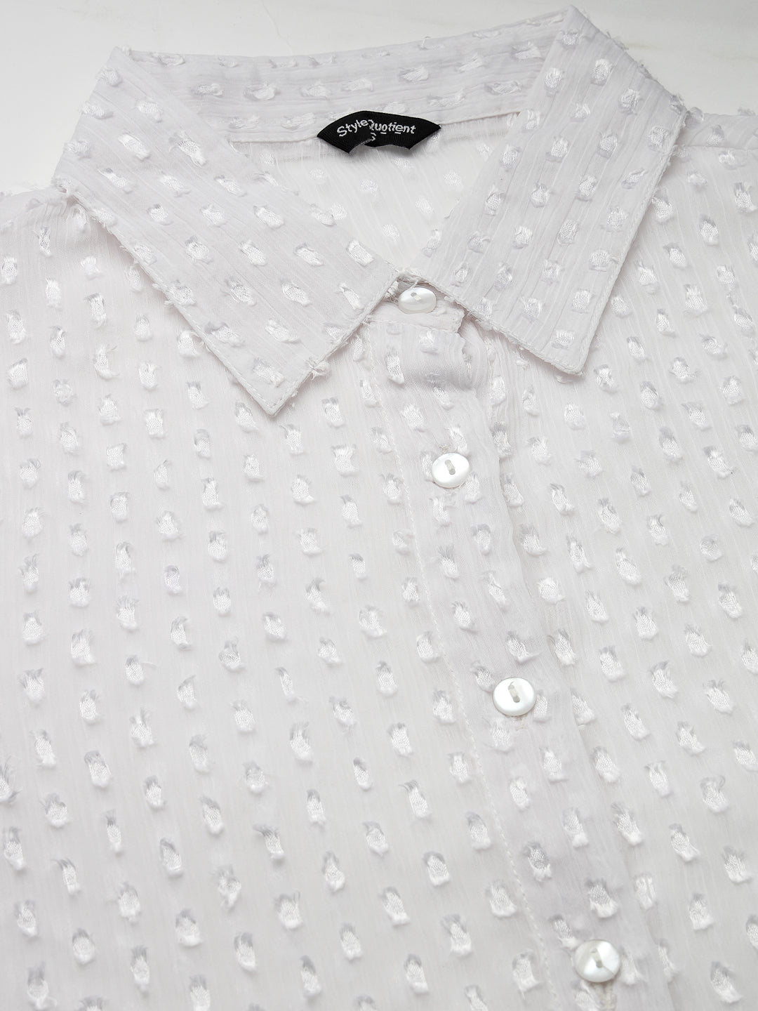 Style Quotient Women White Self Design Swiss Dot Polyester Formal Shirt