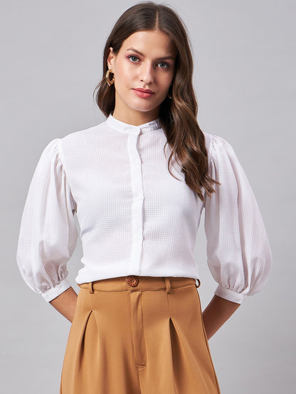 Style Quotient Women White Self Design Polyester Semi Formal Shirt