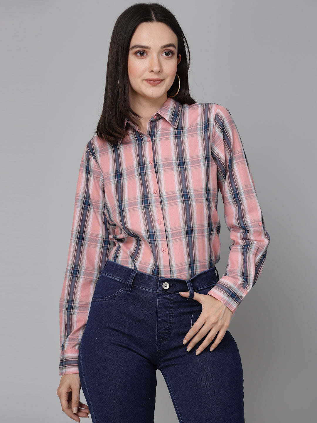 Style Quotients Women Pink Cotton Checks Smart Casual Shirt