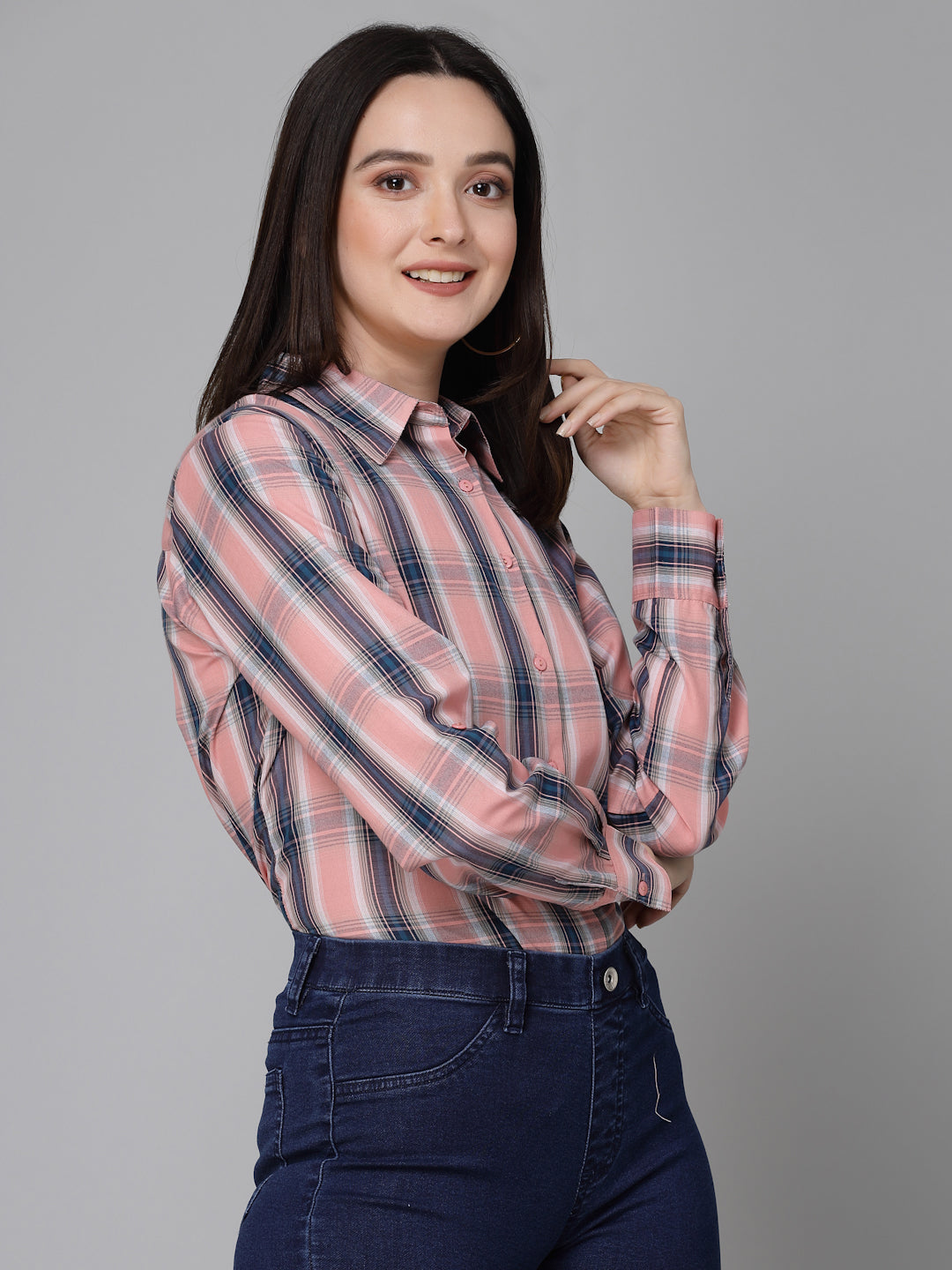 Style Quotients Women Pink Cotton Checks Smart Casual Shirt