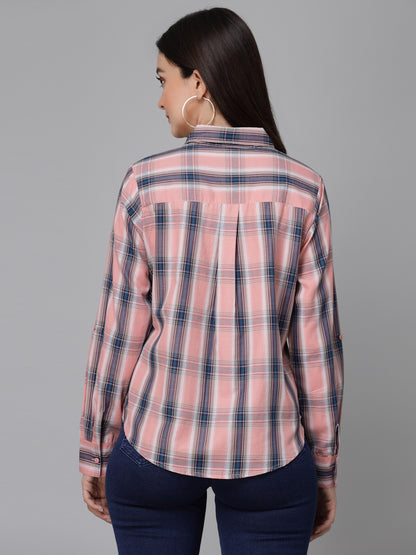 Style Quotients Women Pink Cotton Checks Smart Casual Shirt