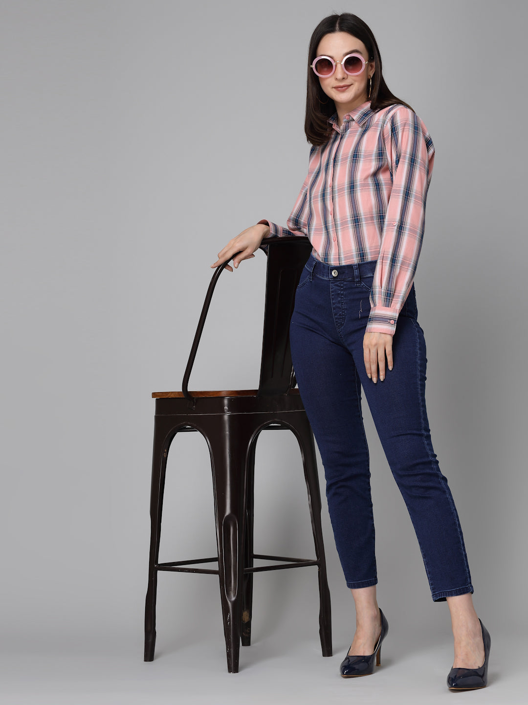 Style Quotients Women Pink Cotton Checks Smart Casual Shirt