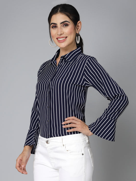 Style Quotient Women Navy Blue and White Stripe Polycrepe Regular Formal Shirt