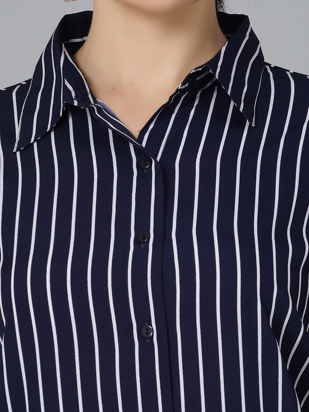 Style Quotient Women Navy Blue and White Stripe Polycrepe Regular Formal Shirt