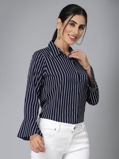 Style Quotient Women Navy Blue and White Stripe Polycrepe Regular Formal Shirt