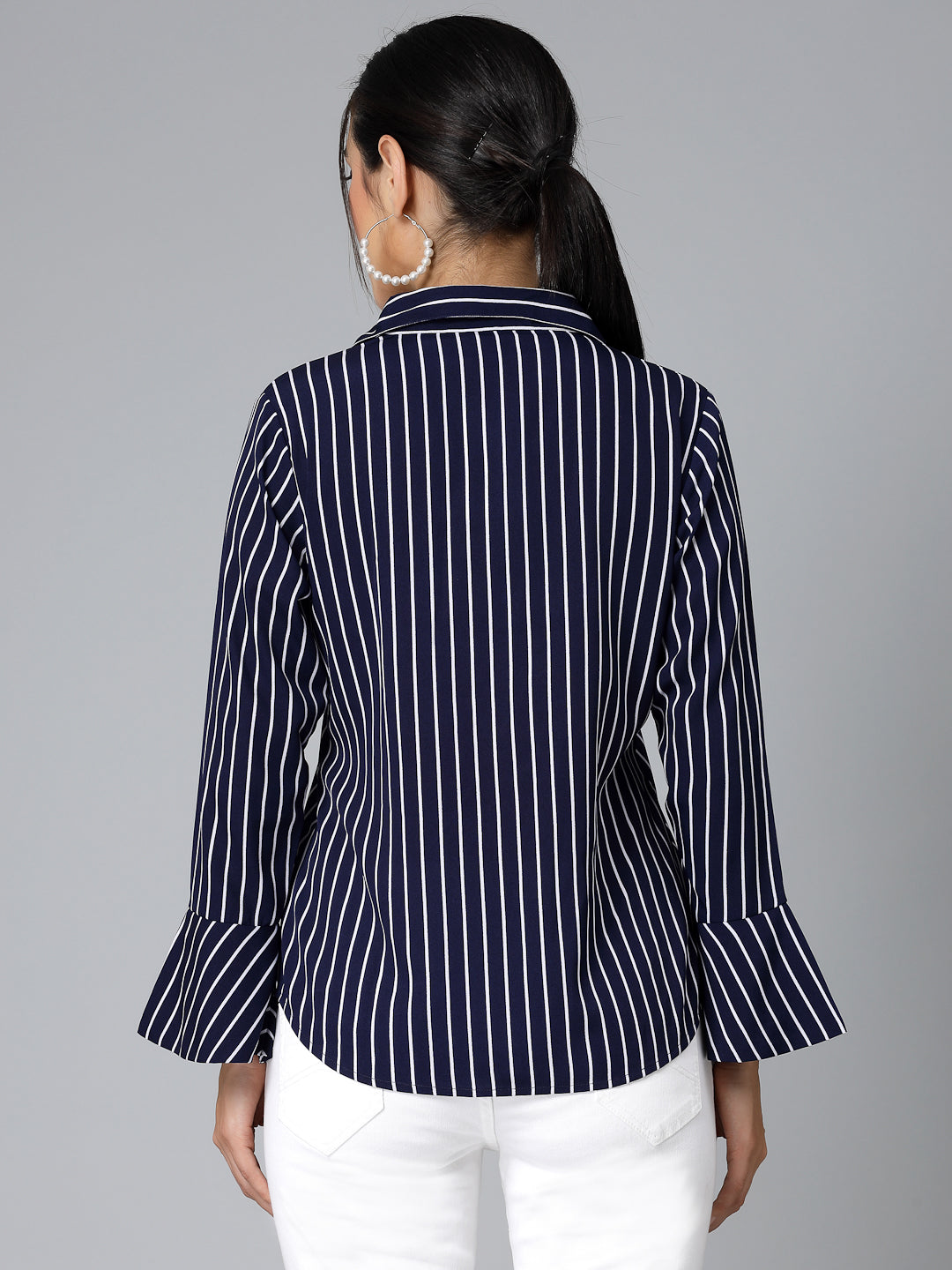 Style Quotient Women Navy Blue and White Stripe Polycrepe Regular Formal Shirt