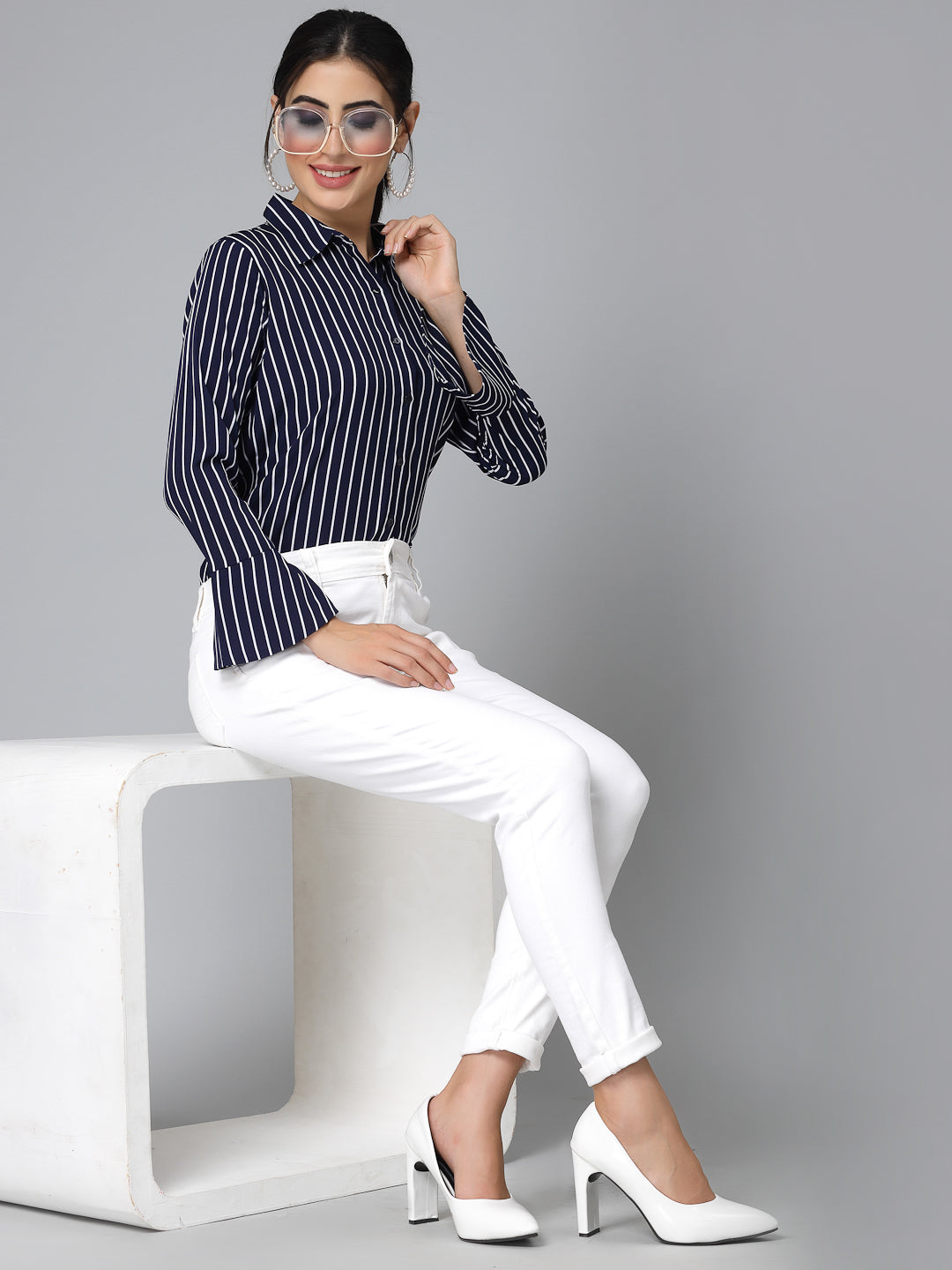 Style Quotient Women Navy Blue and White Stripe Polycrepe Regular Formal Shirt