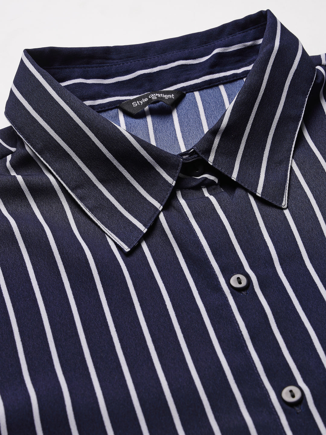 Style Quotient Women Navy Blue and White Stripe Polycrepe Regular Formal Shirt