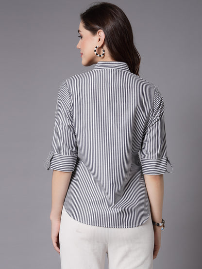 Style Quotient Women Gray and White Stripe Polycotton Smart Formal top