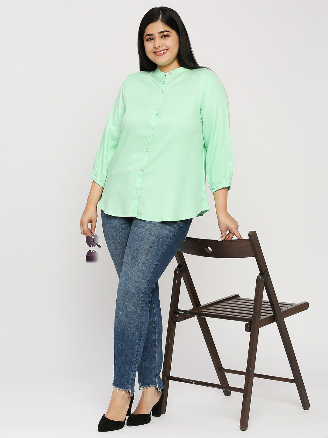 Style Quotient Plus Women Solid Green Viscose Rayon Formal Shirt