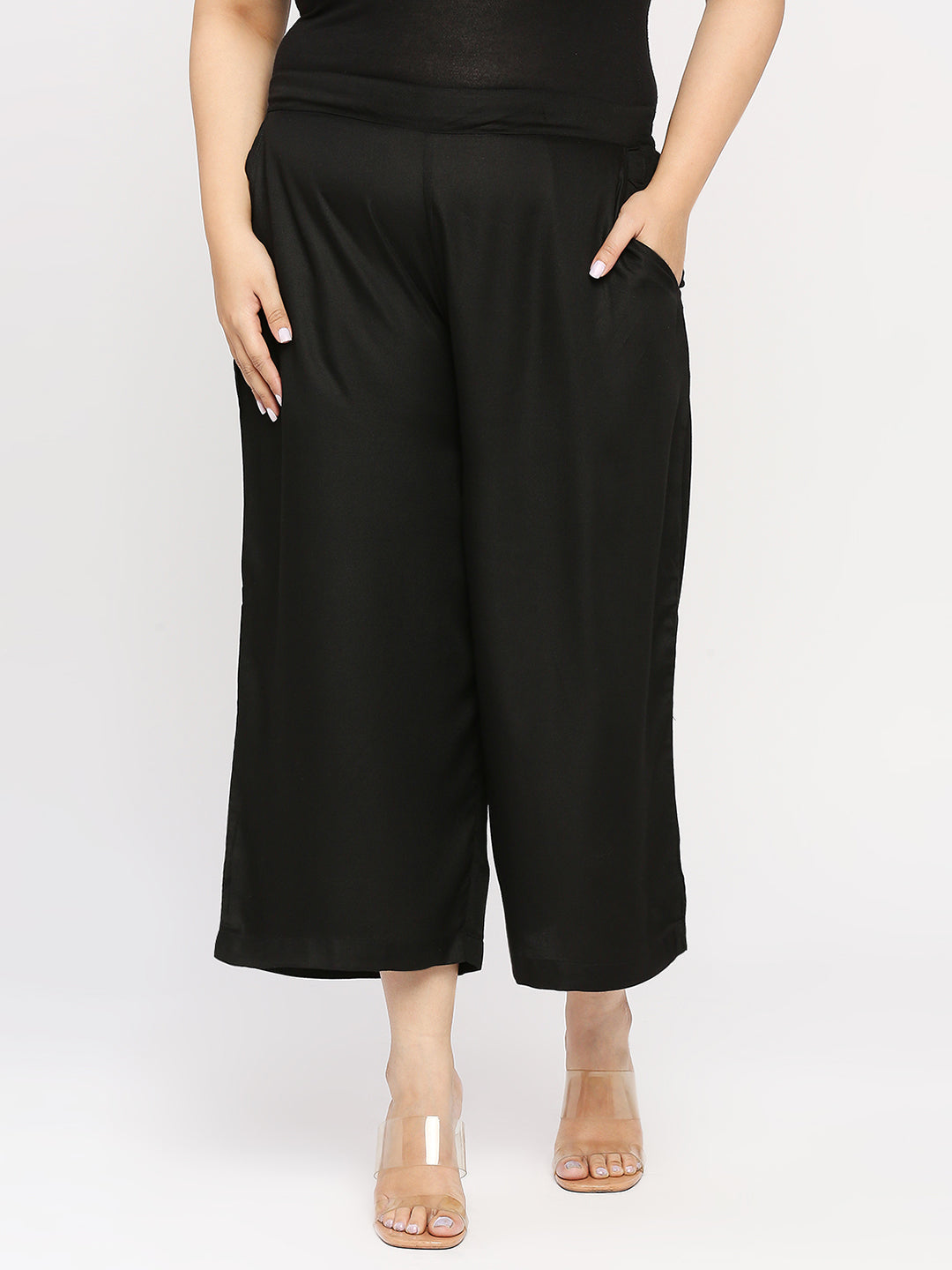 Style Quotient Women Solid Black Viscose Rayon Wide-Leg Trouser