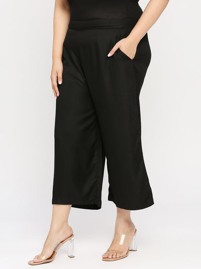 Style Quotient Women Solid Black Viscose Rayon Wide-Leg Trouser