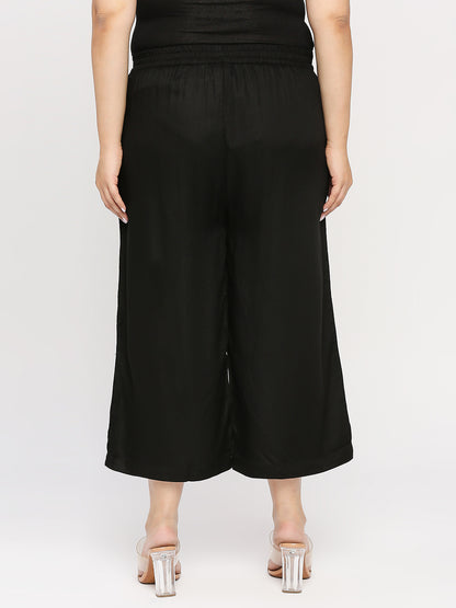 Style Quotient Women Solid Black Viscose Rayon Wide-Leg Trouser