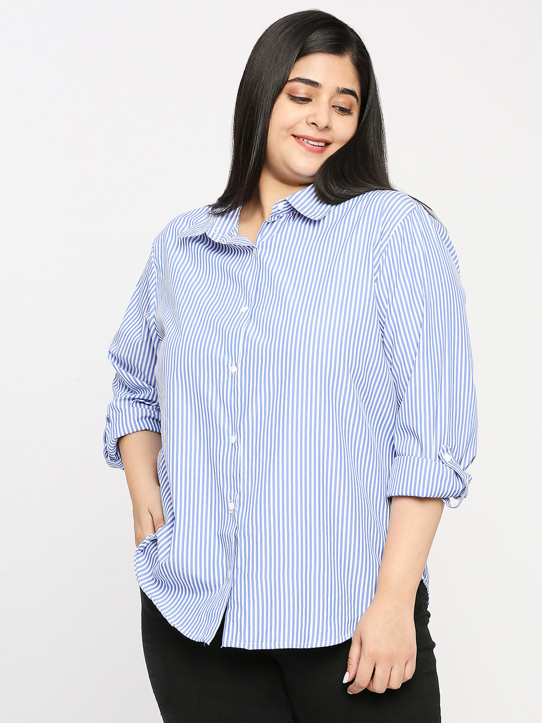 Style Quotient Plus Women Blue And White Stripe Polycotton Regular Formal Shirt