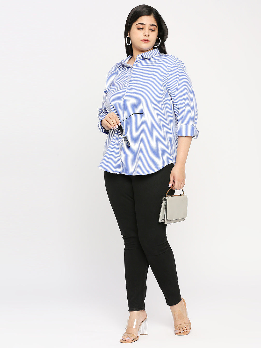 Style Quotient Plus Women Blue And White Stripe Polycotton Regular Formal Shirt