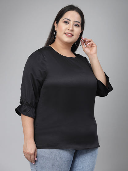 Style Quotient Plus Women Solid Black Satin Formal Top