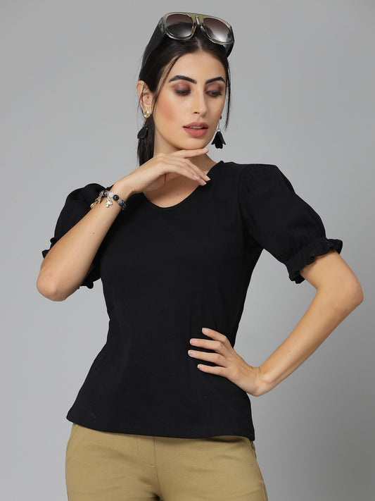 Style Quotient Women Solid Black Ribknit Regular Smart Formal Top