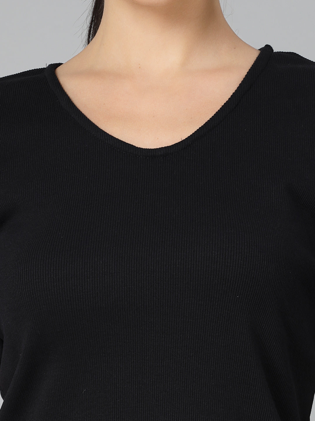 Style Quotient Women Solid Black Ribknit Regular Smart Formal Top