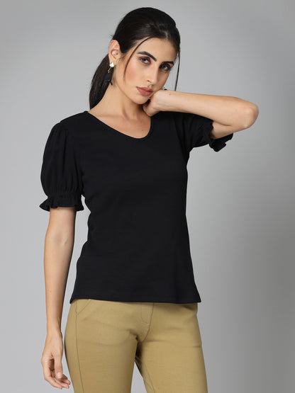 Style Quotient Women Solid Black Ribknit Regular Smart Formal Top