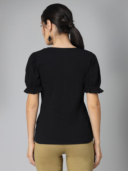 Style Quotient Women Solid Black Ribknit Regular Smart Formal Top