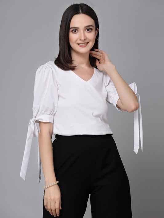 Style Quotient Women White Knit Fitted Smart Casual Top