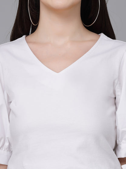 Style Quotient Women White Knit Fitted Smart Casual Top