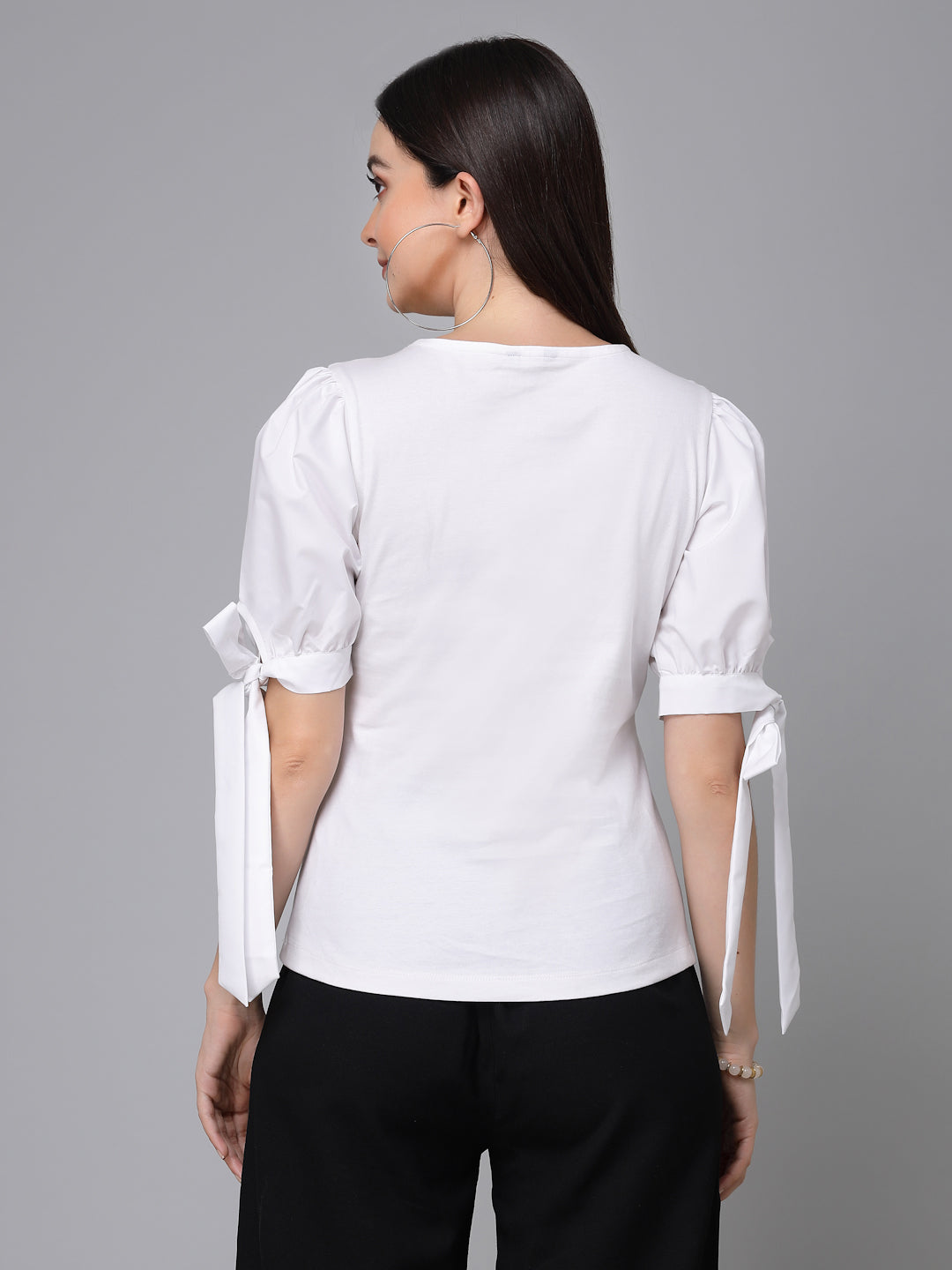 Style Quotient Women White Knit Fitted Smart Casual Top