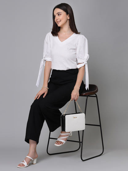 Style Quotient Women White Knit Fitted Smart Casual Top