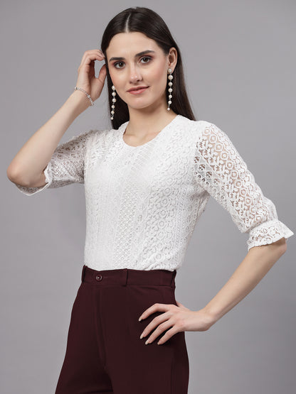 Style Quotient Self Design White Lace Smart Formal Top