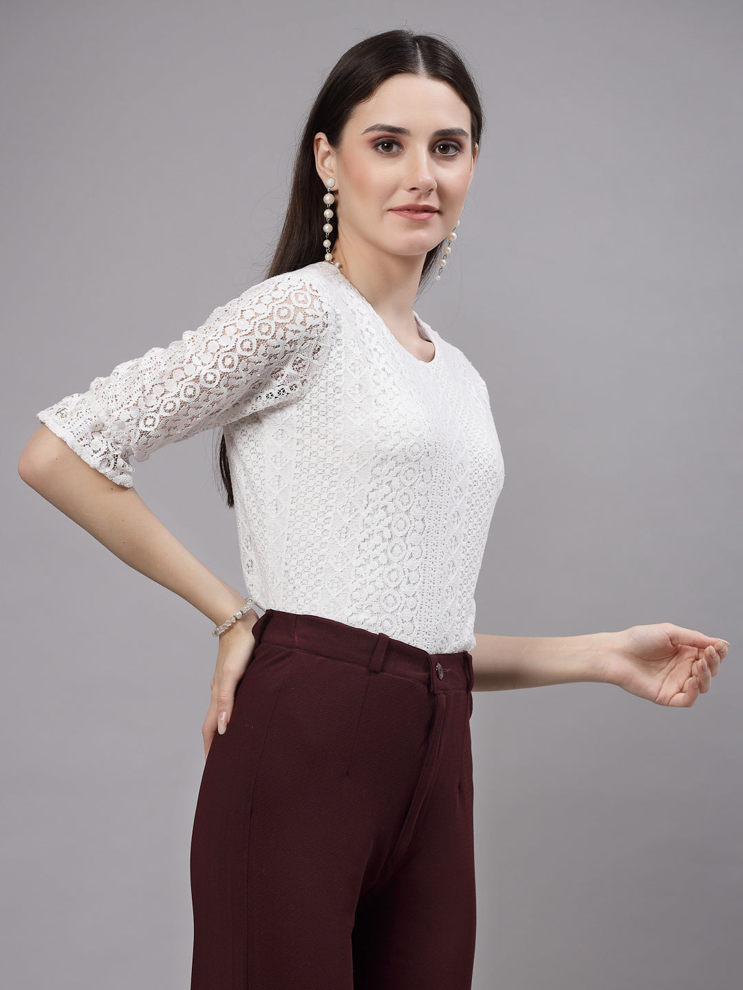 Style Quotient Self Design White Lace Smart Formal Top