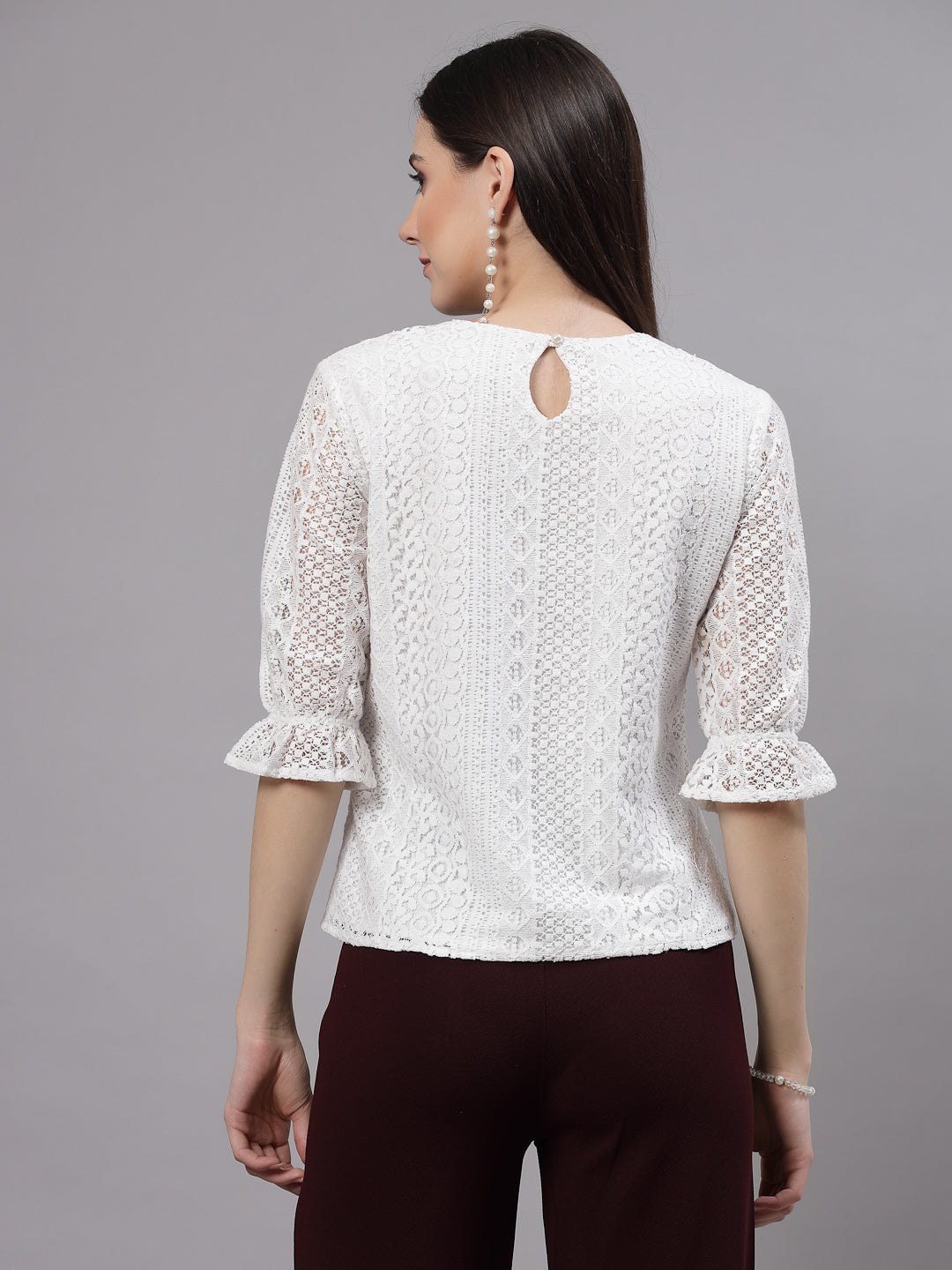 Style Quotient Self Design White Lace Smart Formal Top