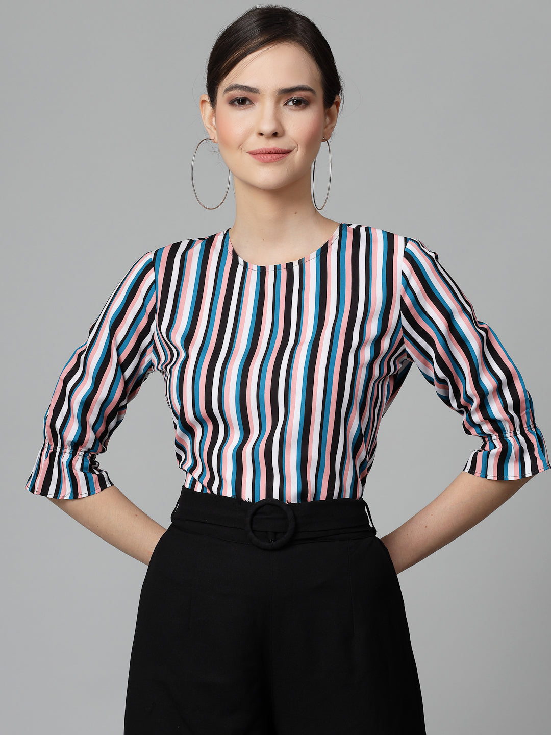 Style Quotient Women Peach and Multi Striped Regular Formal Top