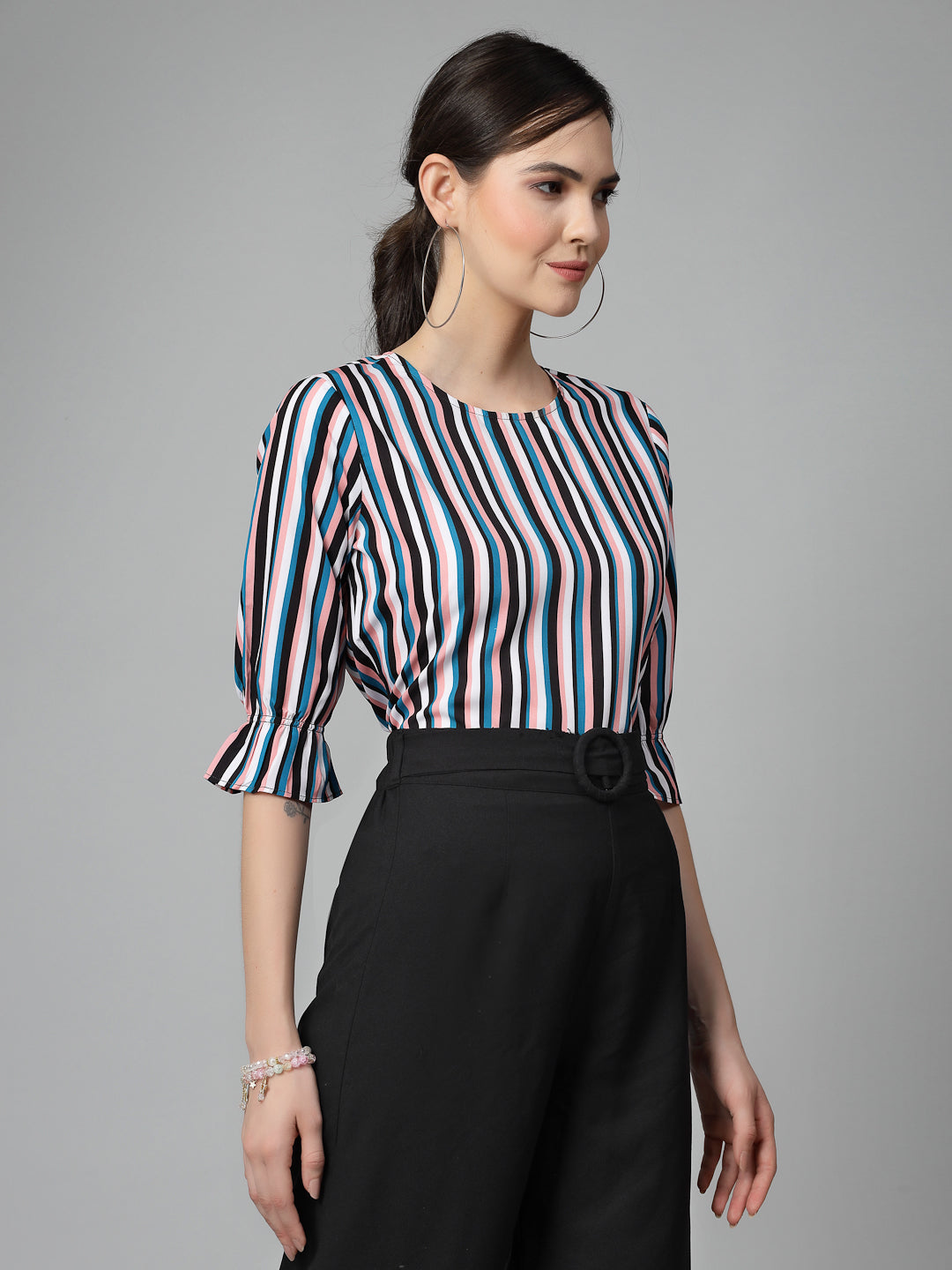 Style Quotient Women Peach and Multi Striped Regular Formal Top