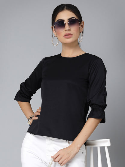 Style Quotient Women Solid Black Satin Smart Casual Regular Top