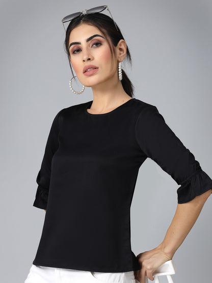 Style Quotient Women Solid Black Satin Smart Casual Regular Top