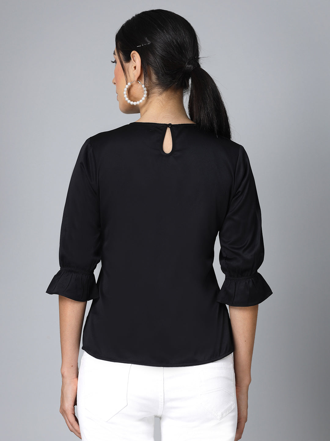 Style Quotient Women Solid Black Satin Smart Casual Regular Top