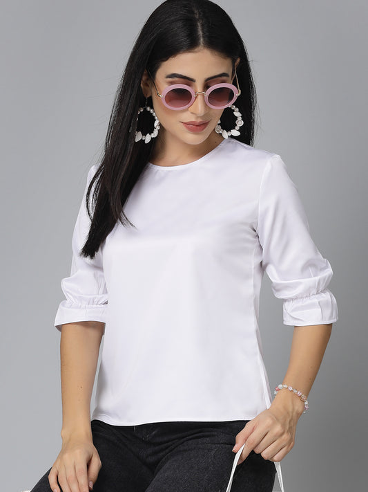 Style Quotient Women Solid White Satin Smart Formal Top