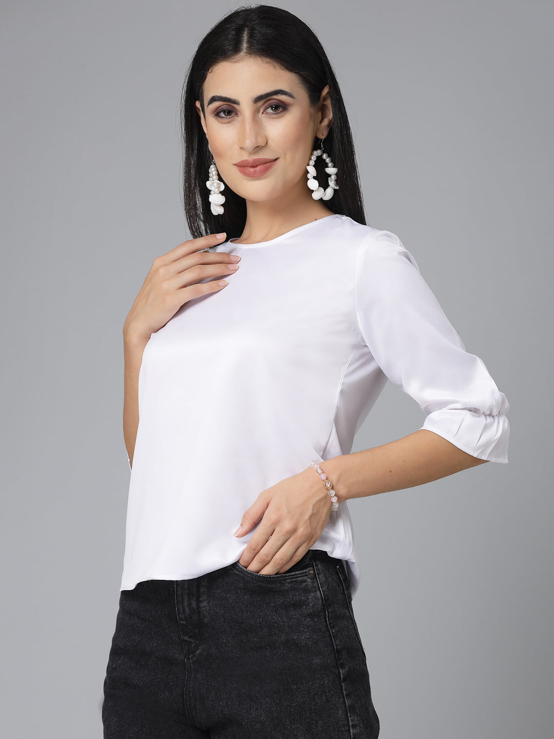 Style Quotient Women Solid White Satin Smart Formal Top